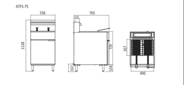 ATFS-75-LPG drawing, cookrite gas deep fryer dimensions